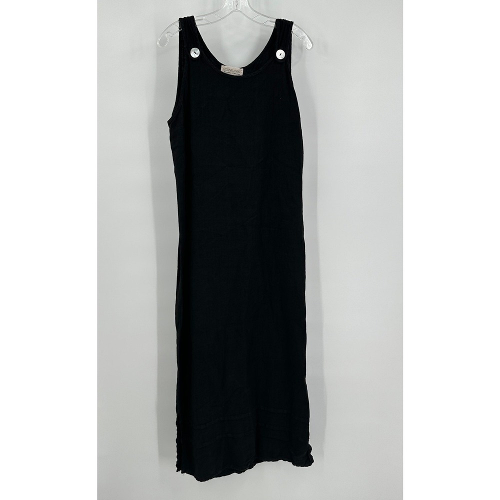 Women Vintage Minimalist Linen Blend Maxi Dress Size L Lagenlook Oversized Black